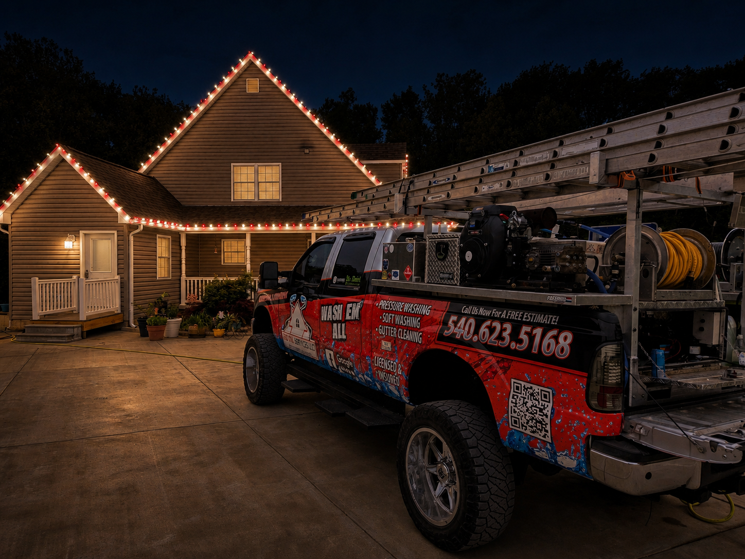 Holiday lights glowing on a home at night